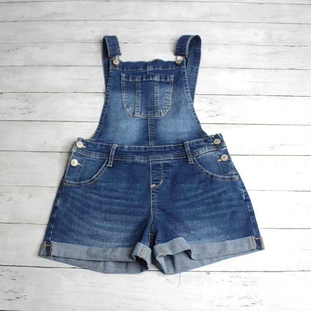 Wallflower Women's Denim Blue Jean Bib Overall Shorts Size S Junior
